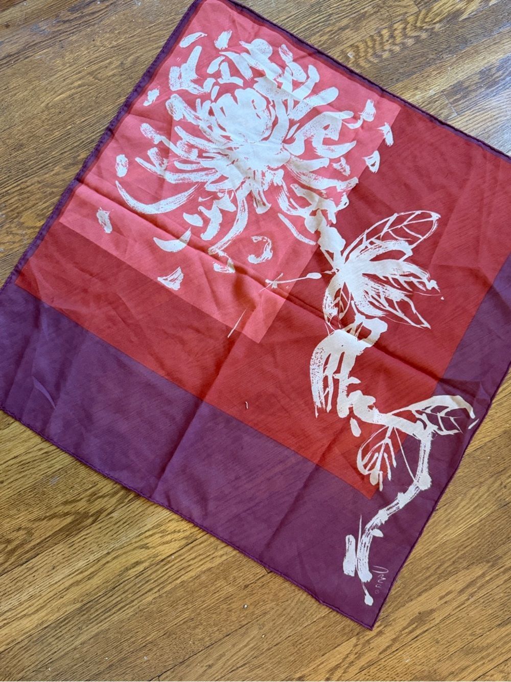 Vintage ; Vera Floral Print Red & Plum Silk Scarf